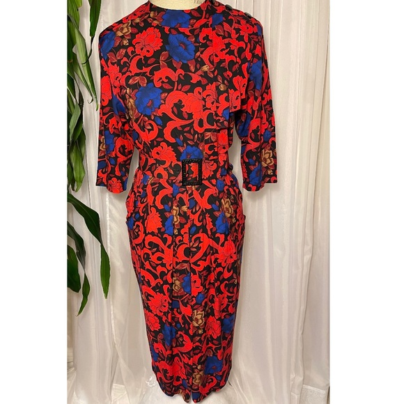 Erika’s Place Dresses & Skirts - VTG Red/Blk/Blue Belted Pencil Dress w/Button Detailing and Back Split 9/10, M